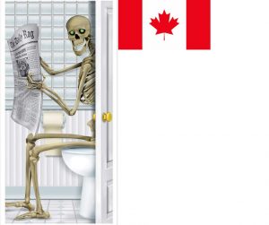 A poster of a zombie using the bathroom with a Canada flag on the side