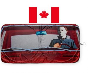 A sunshade with a picture of Mike myers on it with a Canada flag on the side