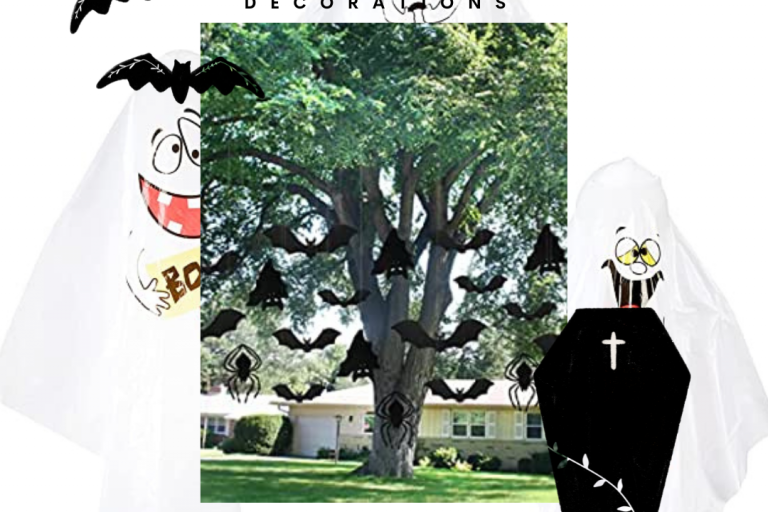 Hanging ghosts in the background with a picture in the middle of bat decorations hanging from a tree and other decorations splayed around that. Above it says Easy hanging decorations and under it says dress up your trees & lamps with little effort or money