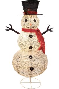 A Christmas Yard Decoration in the form of a wire framed lighted snowman with a red scarf and black top hat