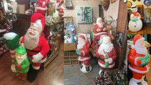 Multiple pictures of Christmas blow mold decorations, mainly Santa but also a snowman and an elf