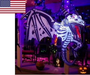 Halloween decoration in the form of an inflatable dragon skeleton with a USA flag in the corner to indicate the country you're shopping from