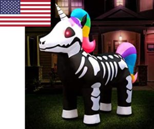 Halloween decoration in the form of an inflatable pony skeleton with a USA flag in the corner to indicate the country you're shopping from