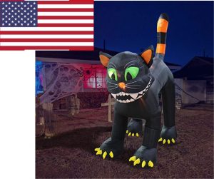 Halloween decoration in the form of an oversized black cat inflatable with a USA flag in the corner to indicate the country you're shopping from