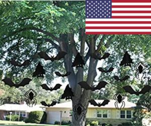 Halloween decoration in the form of bats hanging from a tree with a usa flag in the corner to indicate the country you're shopping from