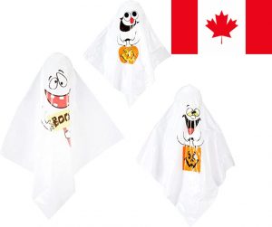 Halloween decoration in the form of hanging ghosts with a canada flag in the corner to indicate the country you're shopping from
