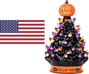 A picture of a Jack-O-Lantern on top of a dark tree with purple and orange lights as a halloween decoration with a USA flag to show that it is the USA Amazon link