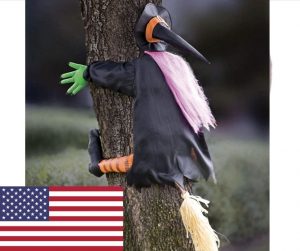 A picture of witch smashed into a tree as a halloween decoration with a USA flag to show that it is the USA Amazon link