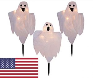 A picture of ghosts on lighted stakes as pathway markers as a halloween decoration with a USA flag to show that it is the USA Amazon link