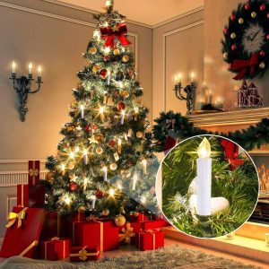 a tall Christmas tree with traditional decorations and clipped on candles standing in the middle of a posh white living room wihte red wrapped presents, a fireplace and various other upscale but old fashioned decorations