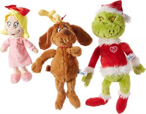 Plush examples of cindy lou-who wearing a pink dress and a red head bow, the brown dog with reindeer antlers, and a grinch wearing a santa suit as Grinch Christmas Display Ideas