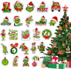 24 different examples of Grinch themed tree ornaments as Grinch Christmas Display Ideas