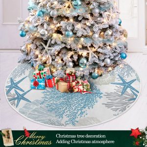 A fully decorated Christmas tree that is full of light blue and white decorations, frosted branches, starfish decorations and a tree skirt with winter colored under sea life
