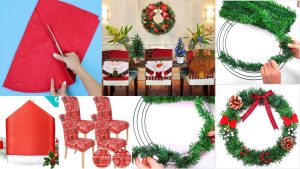 A collage of pictures starting on top left (1) red felt being cut into a Santa hat, (2) three chairs with covers for dining chairs that each resemble a Santa, a snowman, and a reindeer, (3) a DIY wreath with a frame that is in process of being created (4) 4 chairs with red and white lettered covers with various holiday phrases, (5) a Santa hat that can be used as a chair backing cover