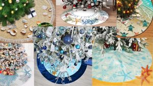 6 pictures of fully decorated Christmas trees with different tree skirts ranging from ones that have a picture of a warm beach to ones with colder winter colored under sea life