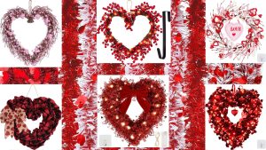6 pictures of valentines day wreaths, some in the form of hearts, others in circles with hearts along them, all in red/white/pink. The backdrop is pink/white/red garland with hearts sprinkled in
