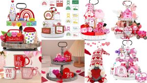 8 pictures of different setups of Valentine decorations for your home on tiered trays.