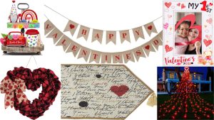 Brown background with black outlined hearts scattered and three polaroid pictures of decorations-one is of a lighted heart with red light string trailing away, another is a burlap banner with Happy Valentines on it and the third is inflatable gnomes holding the word love. Up top it says in cursive, Valentine Decorations for every relationship status