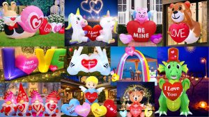valentine decorations for the home, specifically the outside, in the form of inflatables with all sorts of designs including animals and angels holdings messages, arches, and large inflatables of the word love
