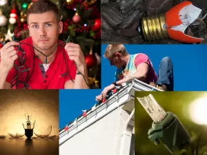 A collage of pictures showing broken bulbs, a man holding an unlit string of mini lights and a man putting up Christmas lights on a roofline